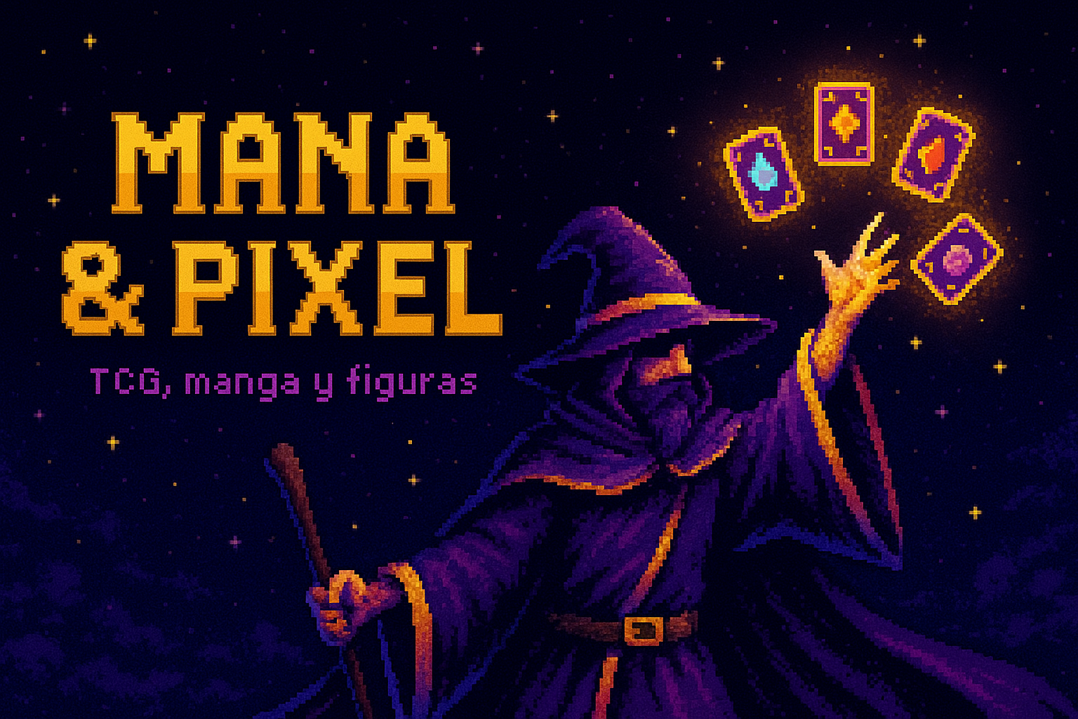 Hechicero pixelado lanzando cartas